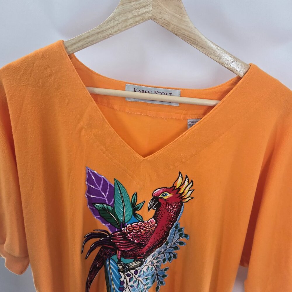 Vintage Karen Scott Orange Upcycled Lorikeet Parrot Applique Short Sleeved Top L - Picture 3 of 16